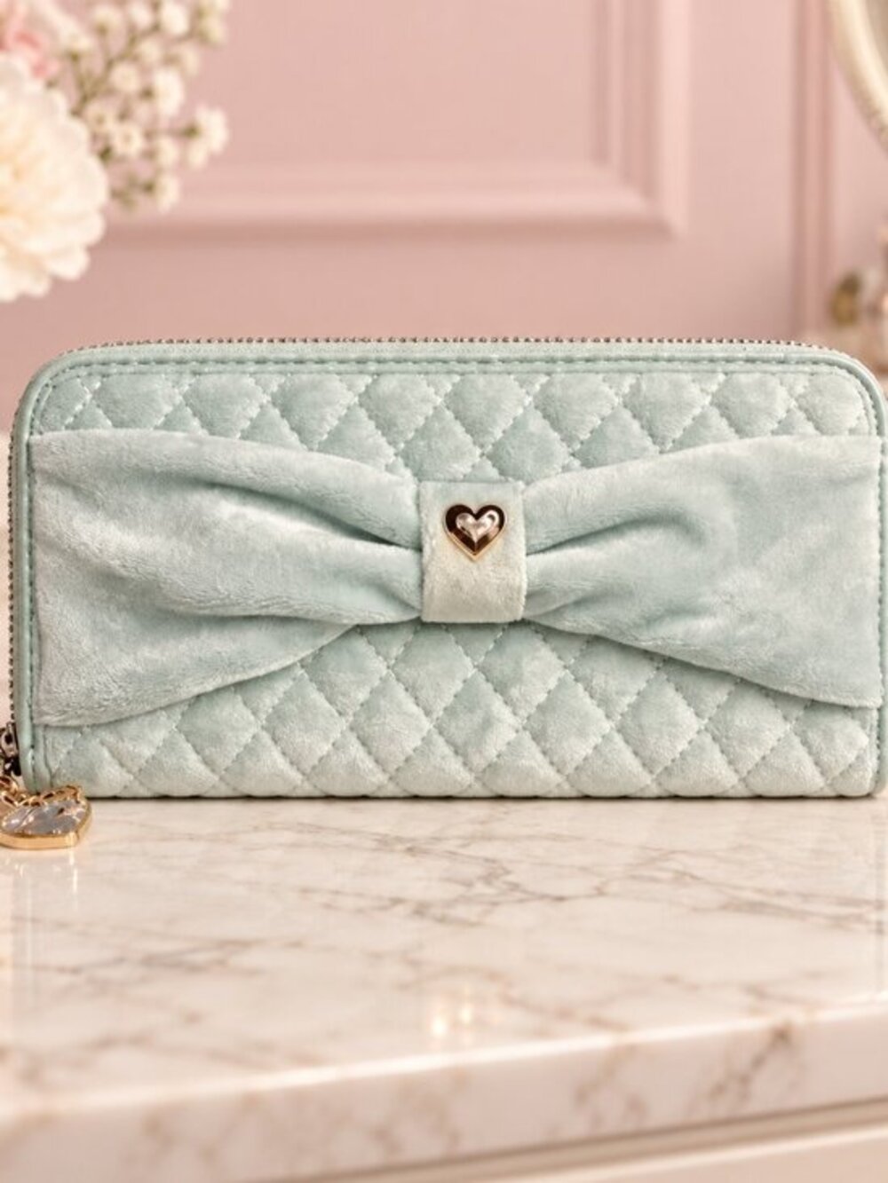 Juicy Couture Baby Blue Plush Quilted Bow Zip Wallet Heart Charm NWT